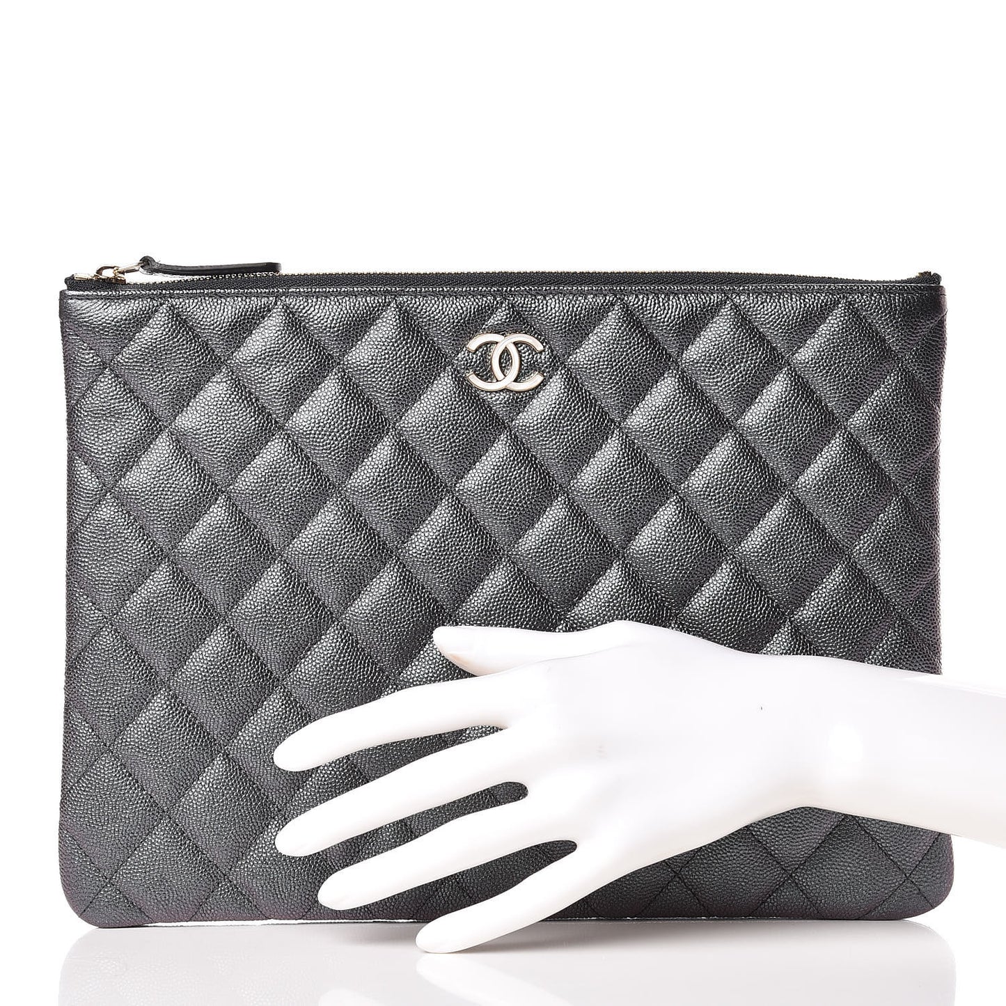 Iridescent Caviar Quilted Large Cosmetic Case Black