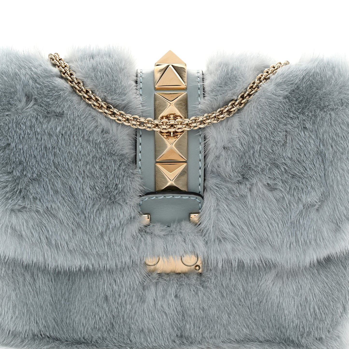 Mink Fur Small Glam Lock Rockstud Flap Light Blue