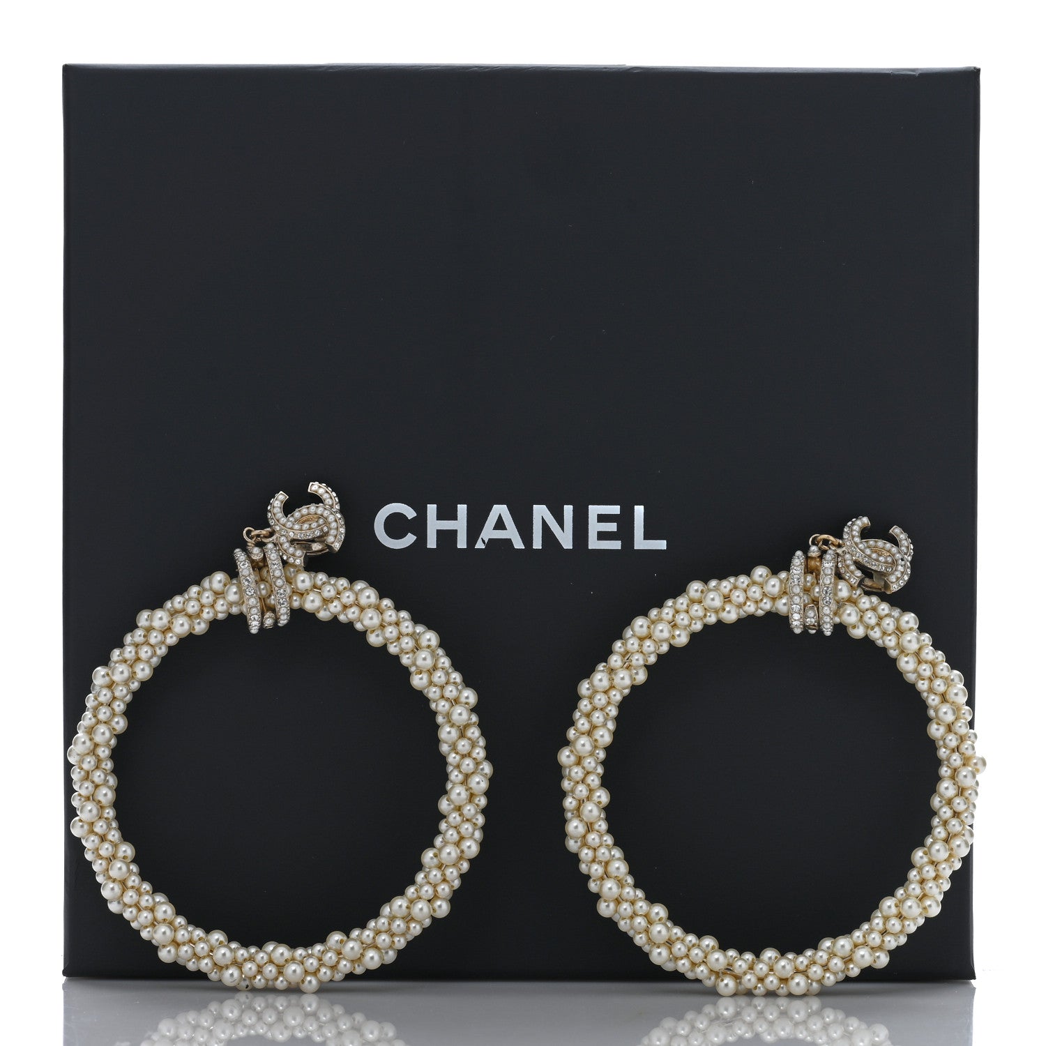 Chanel Crystal Pearl CC Hoop Earrings Gold Pearly White 5 of 5