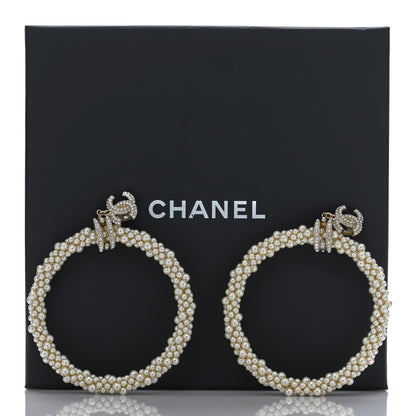 Chanel Crystal Pearl CC Hoop Earrings Gold Pearly White 5 of 5