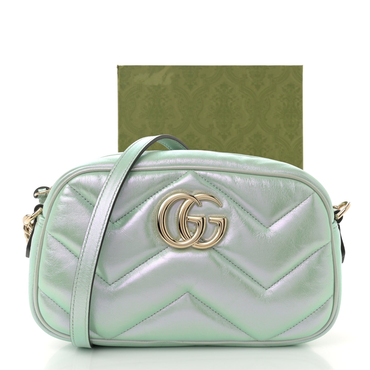 Iridescent Nappa Chevron Matelasse Small GG Marmont Chain Shoulder Bag Iridescent Salvy Green