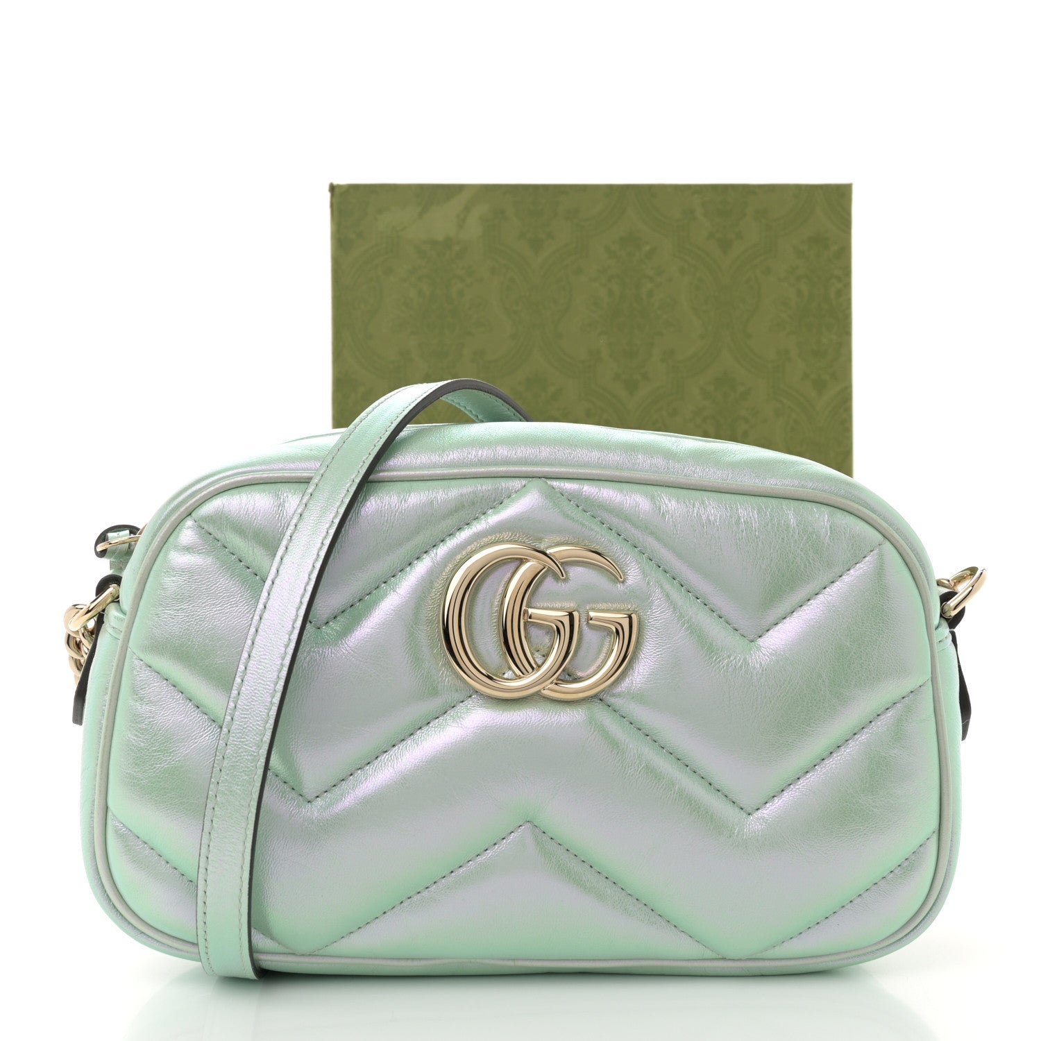 Gucci Iridescent Nappa Chevron Matelasse Small GG Marmont Chain Shoulder Bag Iridescent Salvy Green 11 of 11