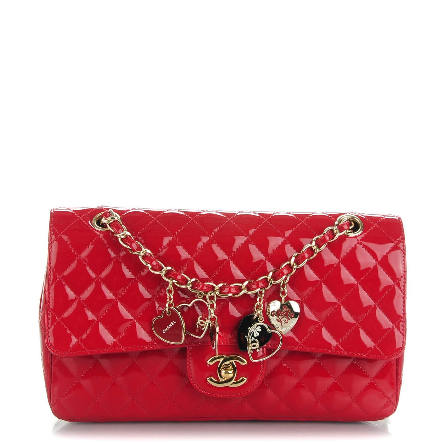 Patent Calfskin Quilted Valentine Charms Medium Single Flap Red