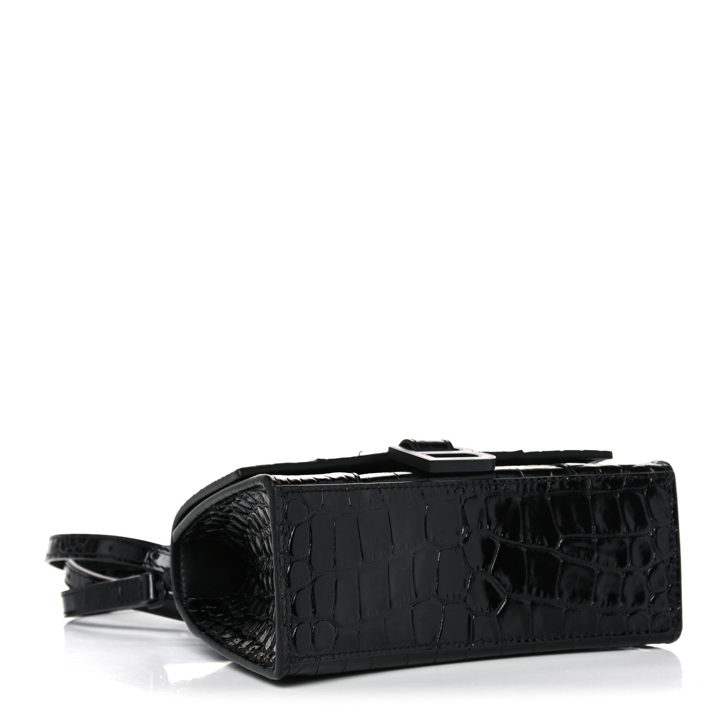 Shiny Calfskin Monochrome Crocodile Embossed Hourglass Top Handle Bag XS Black