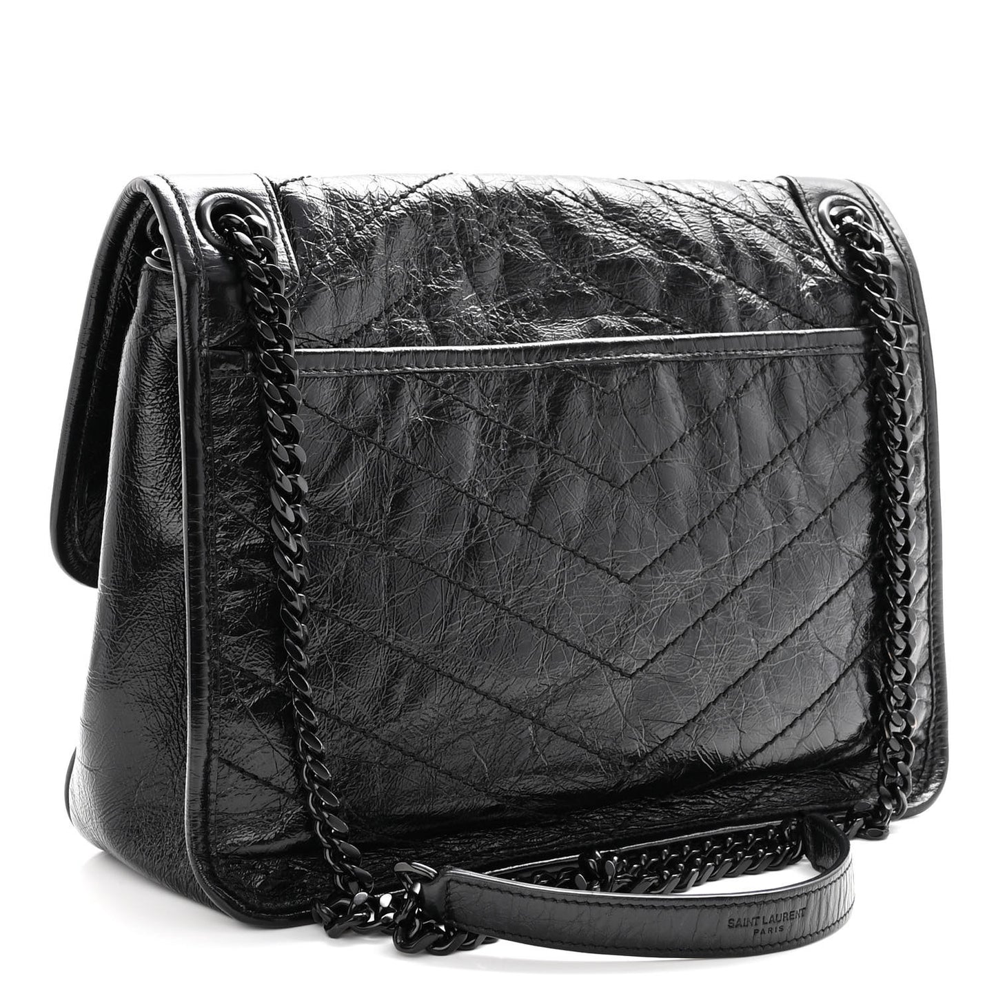Crinkled Calfskin Matelasse Monogram Medium Niki Chain Satchel Black