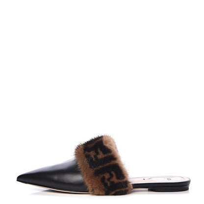 Fendi Calfskin Mink Fur FF Flat Mules 40 Black 1 of 12