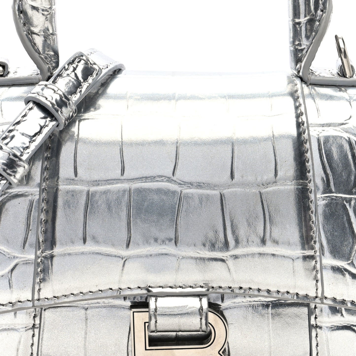 Metallic Calfskin Crocodile Embossed Hourglass Top Handle Bag XS Silver