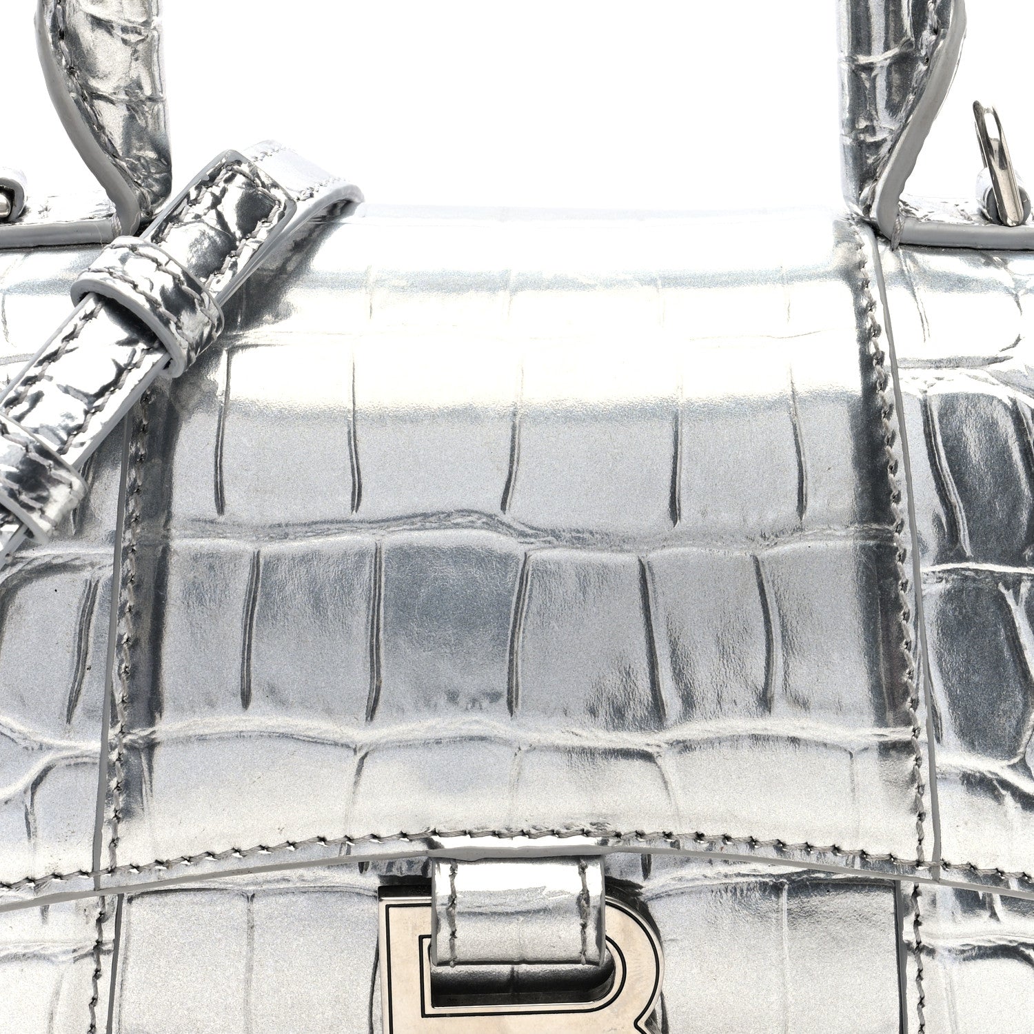 Balenciaga Metallic Calfskin Crocodile Embossed Hourglass Top Handle Bag XS Silver 7 of 9