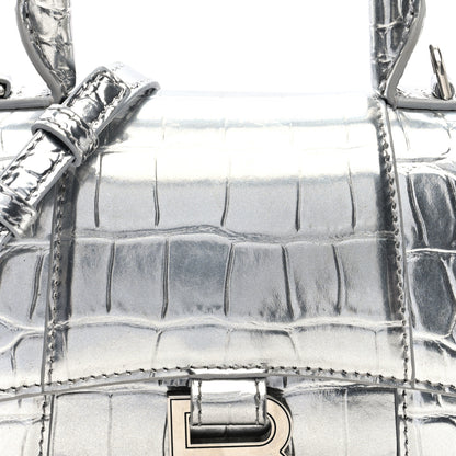 Balenciaga Metallic Calfskin Crocodile Embossed Hourglass Top Handle Bag XS Silver 7 of 9