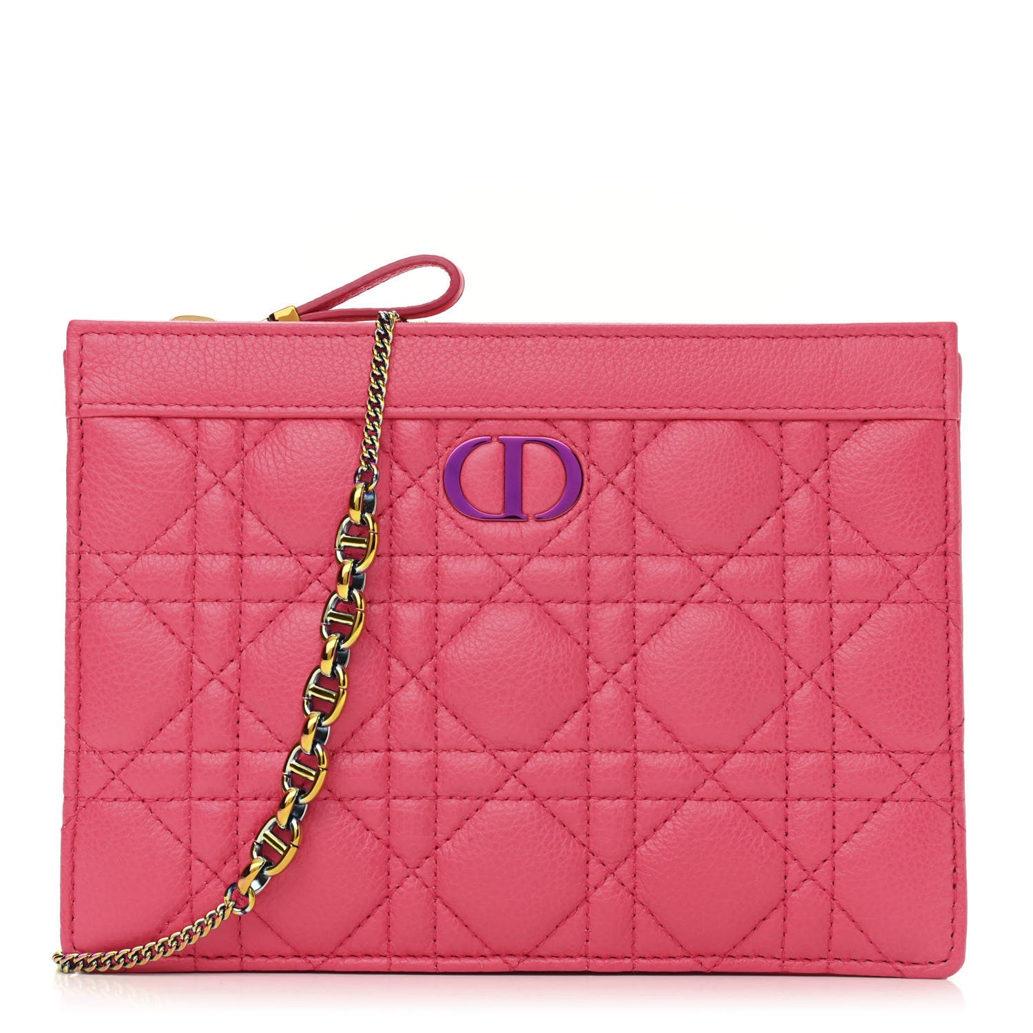 Christian Dior Calfskin Cannage Caro Zipped Pouch With Chain Warm Fuchsia 1 of 9
