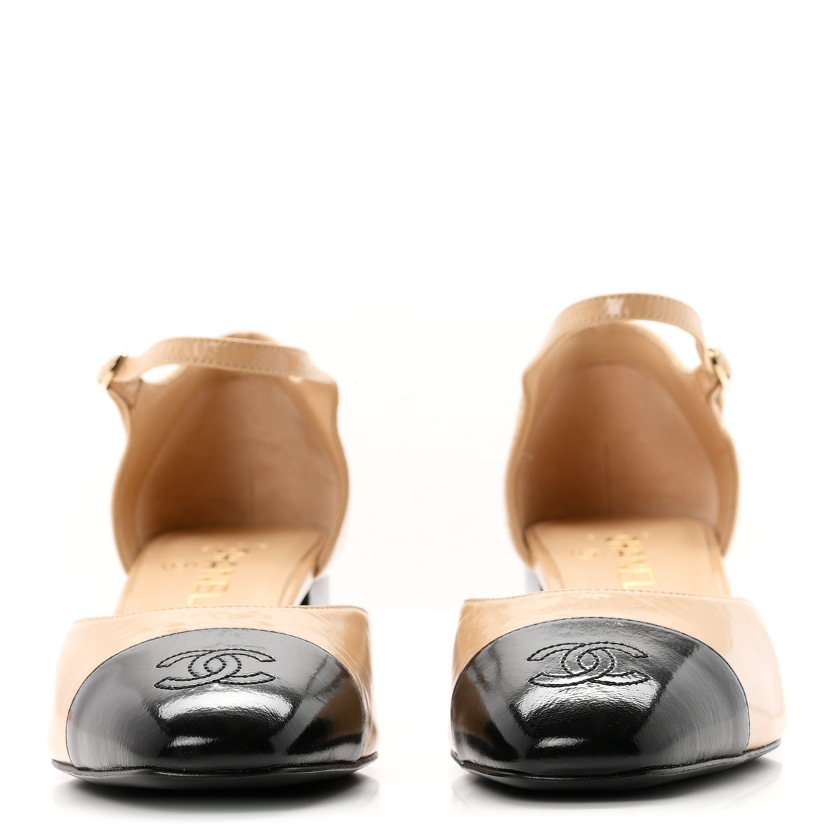 Shiny Lambskin CC Cap Toe Mary Janes Pumps 39 Beige Black