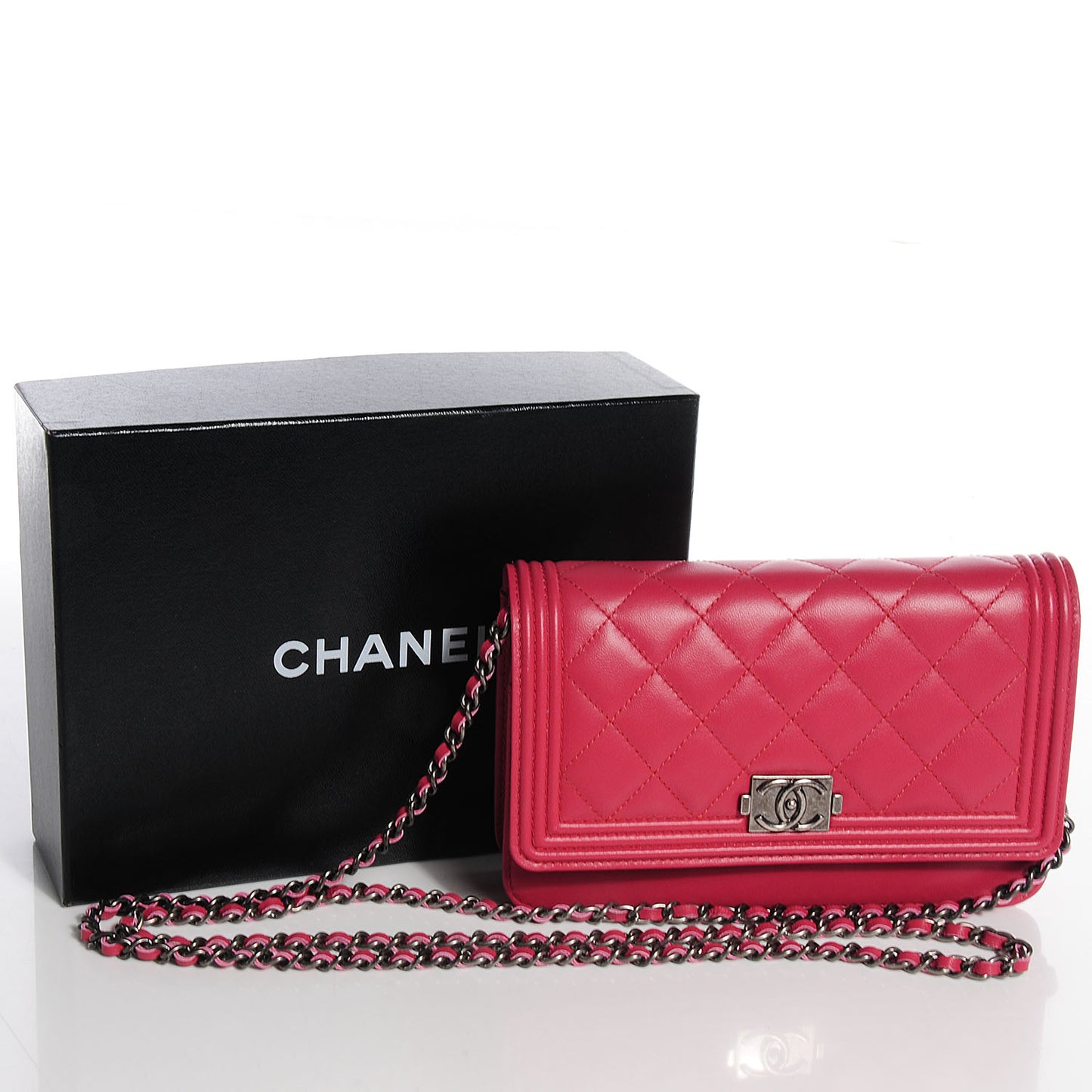 Lambskin Wallet on Chain Boy WOC Dark Pink