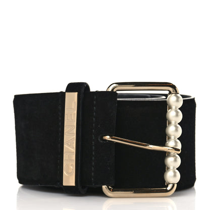 Chanel Suede Pearl Logo Chain Belt 80 32 Black 1 of 7