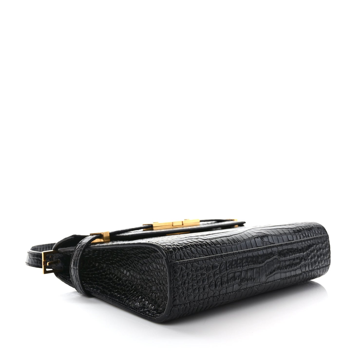 Shiny Calfskin Crocodile Embossed Manhattan Baguette Black