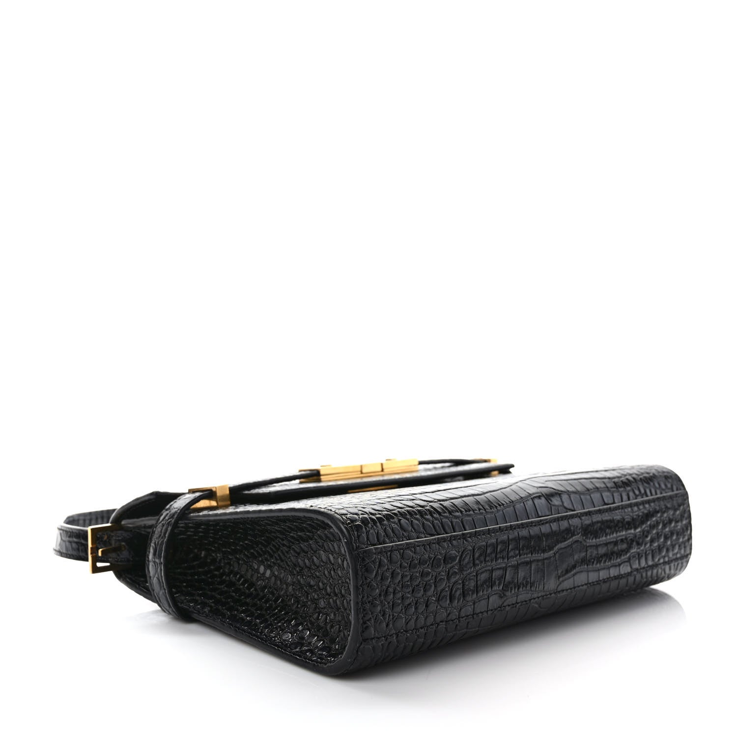 Saint Laurent Shiny Calfskin Crocodile Embossed Manhattan Baguette Black 4 of 8