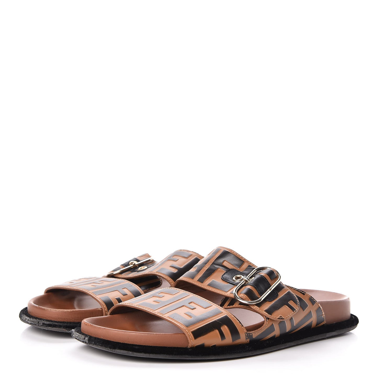 Calfskin FF Embossed Slide Sandals 39.5 Tobacco Moro