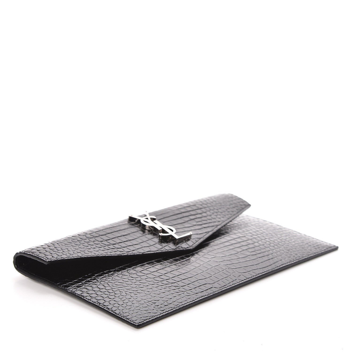 Saint Laurent Calfskin Crocodile Embossed Uptown Monogram Clutch Black 4 of 7