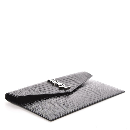 Saint Laurent Calfskin Crocodile Embossed Uptown Monogram Clutch Black 4 of 7