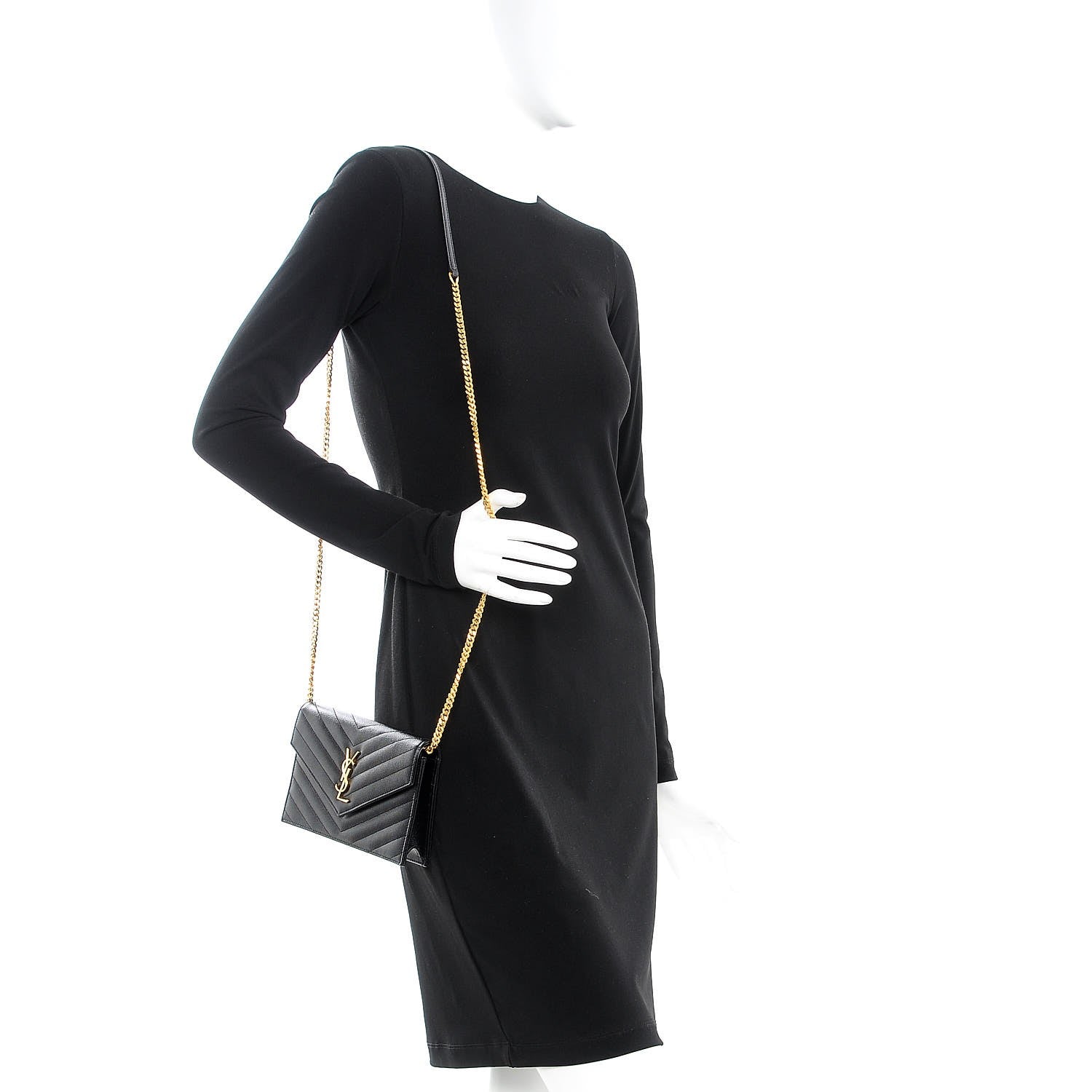 Saint Laurent Grain De Poudre Matelasse Chevron Monogram Envelope Chain Wallet Black 2 of 7