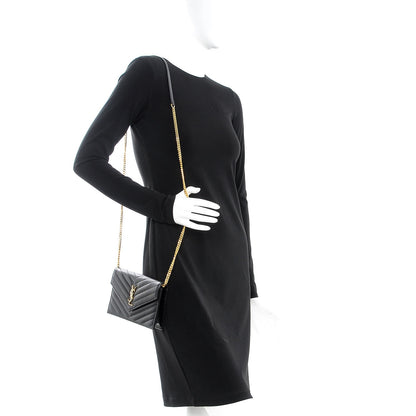 Saint Laurent Grain De Poudre Matelasse Chevron Monogram Envelope Chain Wallet Black 2 of 7