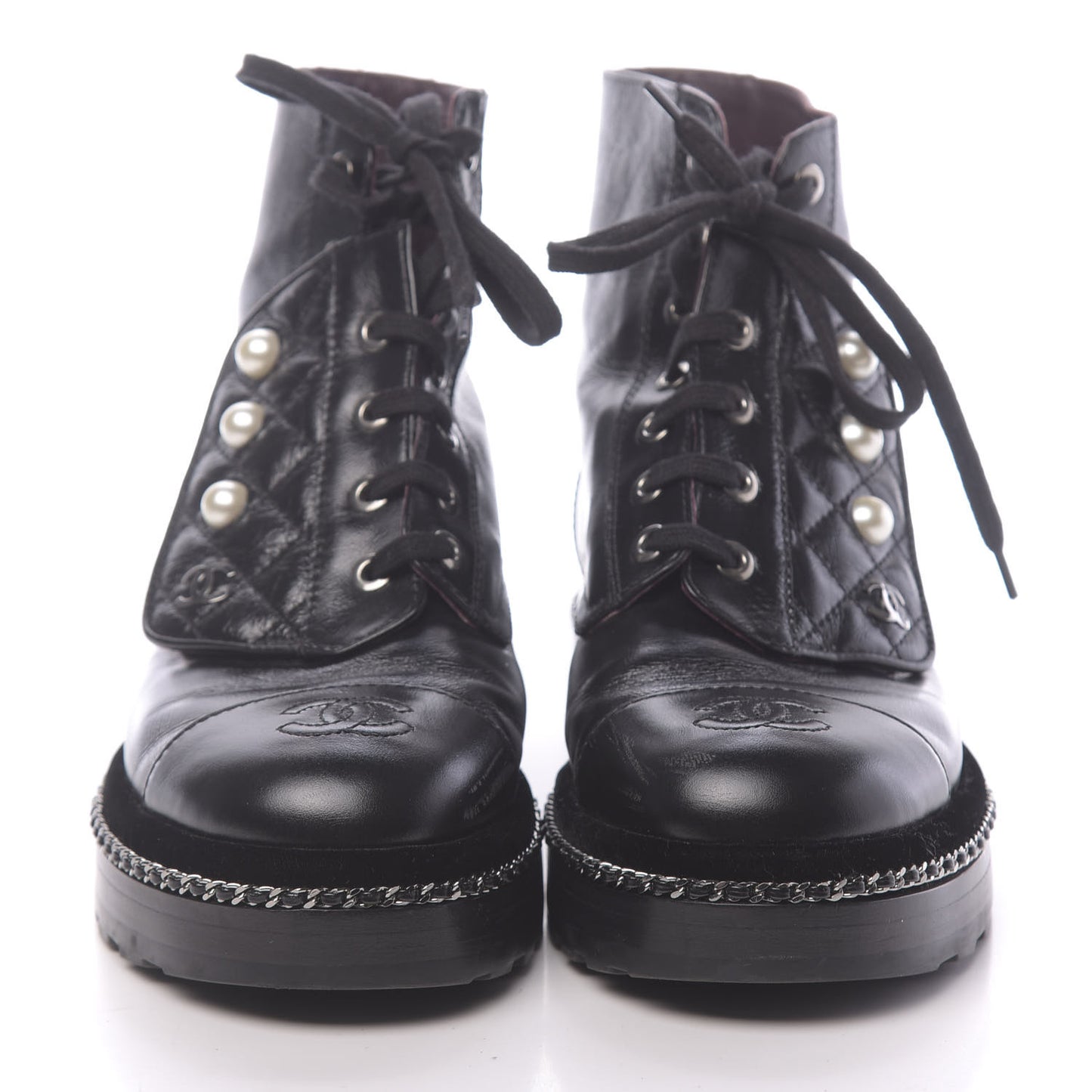 Crackled Calfskin Velvet Pearl Combat Short Boots 36 Black