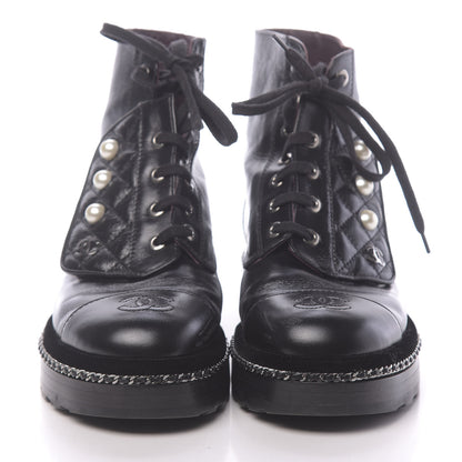 Chanel Crackled Calfskin Velvet Pearl Combat Short Boots 36 Black 2 of 9