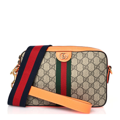 Gucci GG Supreme Monogram Textured Dollar Calfskin Web Ophidia Wristlet Shoulder Bag Beige Ebony Orange 3 of 12