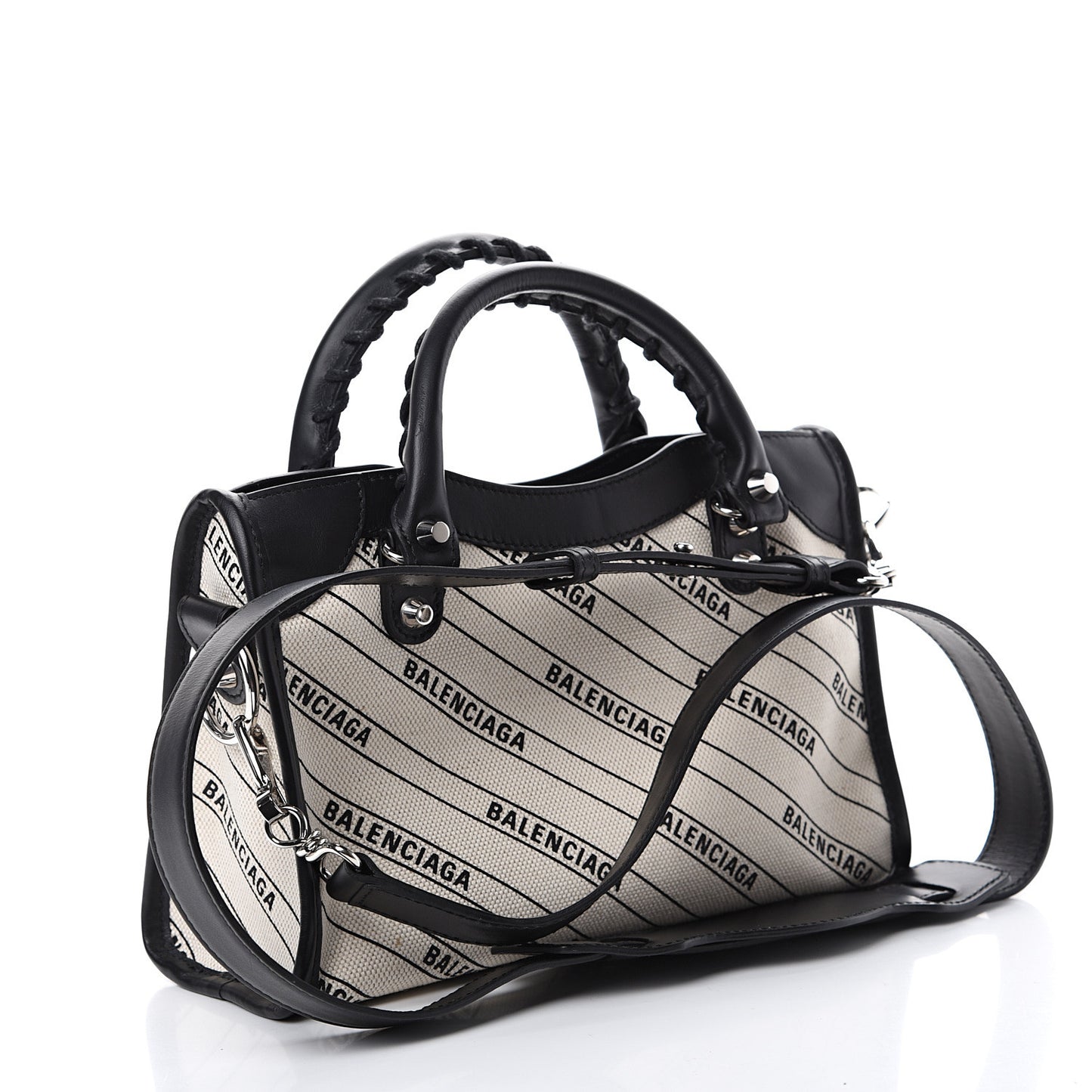 Canvas Satin Calfskin Diagonal Allover Logo Print Classic Silver Hardware Mini City Natural Black