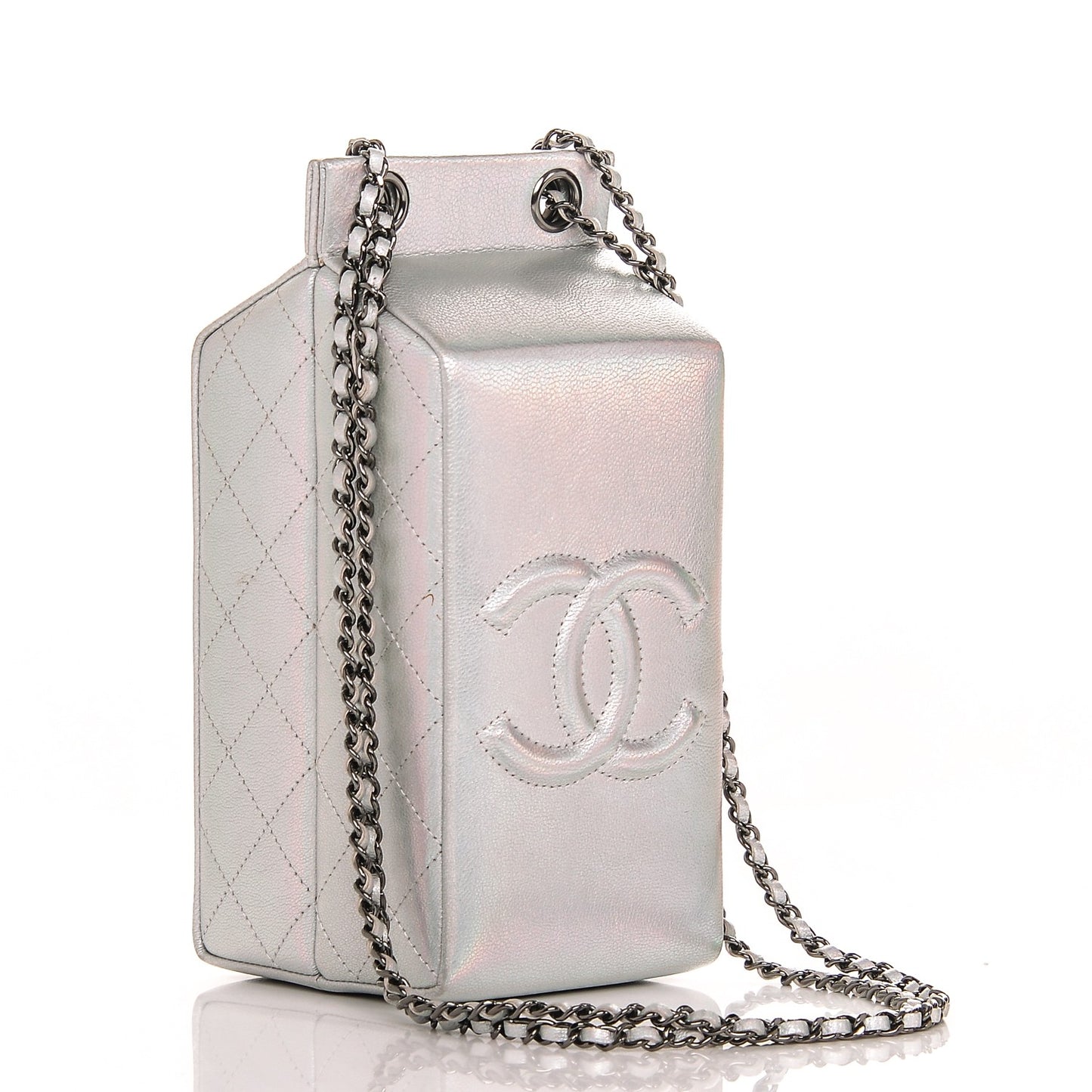 Metallic Goatskin Lait de Coco Milk Carton Bag Silver