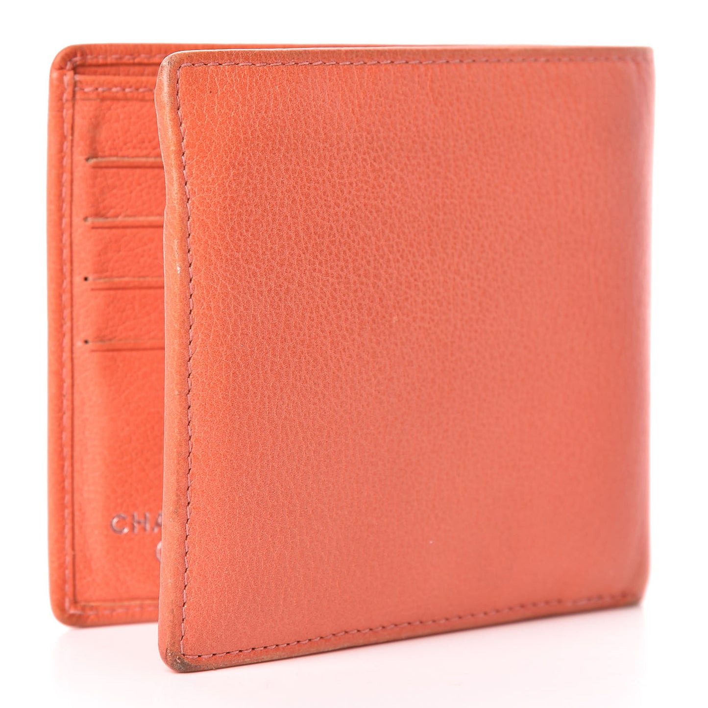 Goatskin Camellia Embossed Bi-Fold Wallet Coral