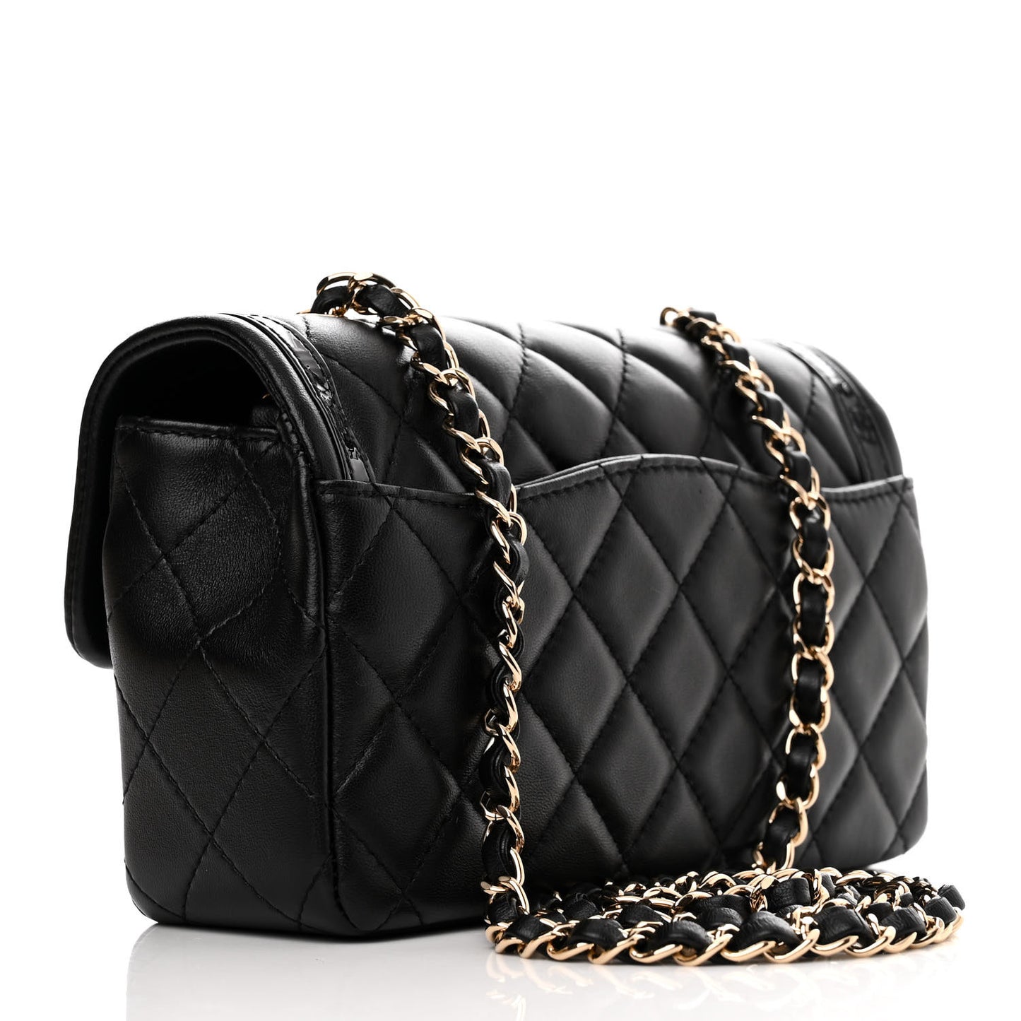 Lambskin Patent Calfskin Quilted Flap Phone Holder With Chain Black