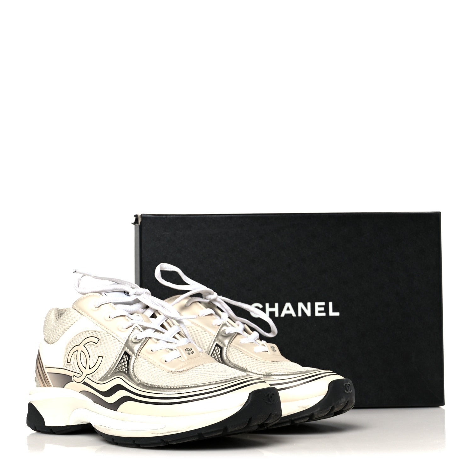 Chanel Fabric Laminated Calfskin Stretch CC Sneakers 40 Ivory Gold Silver 10 of 10