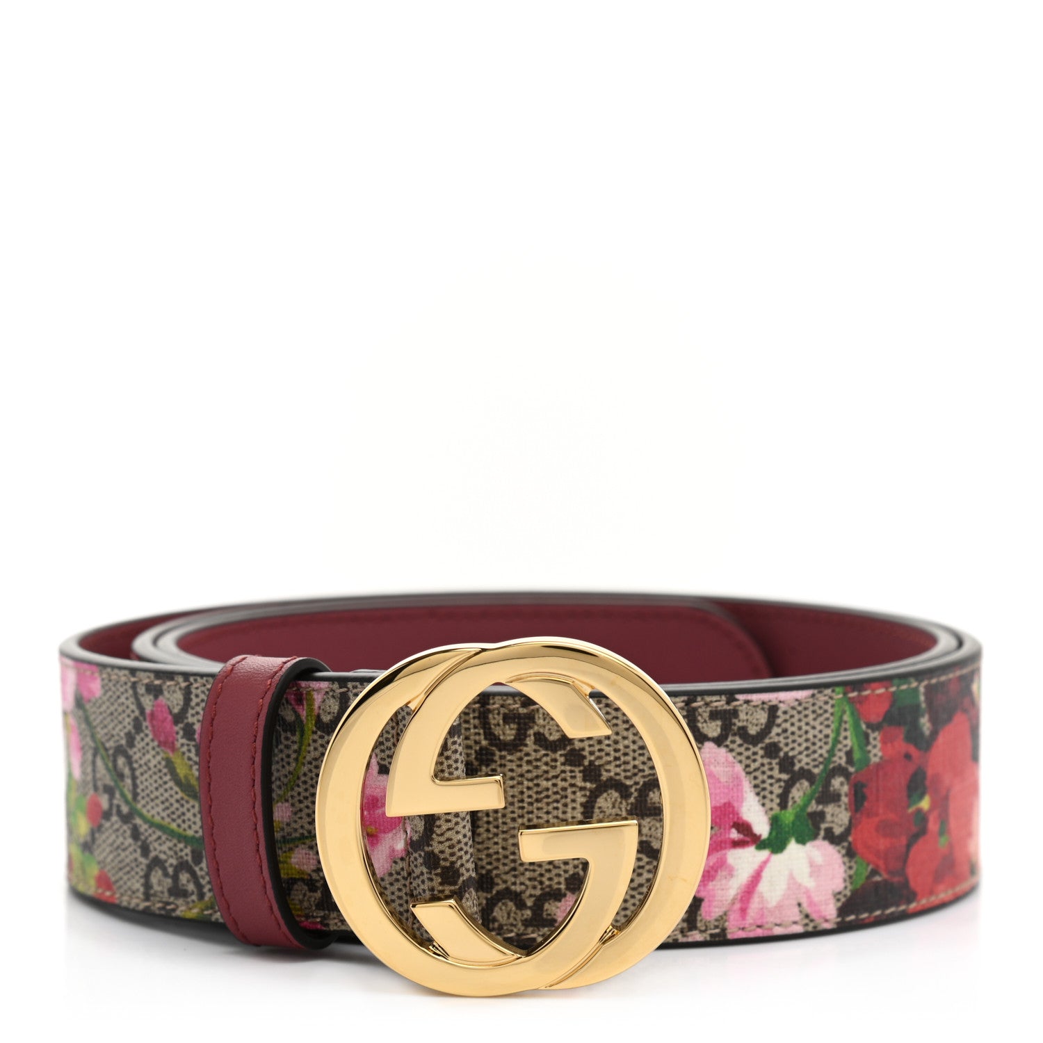 Gucci GG Supreme Monogram Blooms Moon Calfskin Interlocking G 37mm Belt 95 38 Beige Ebony Multicolor Dry Rose 1 of 5