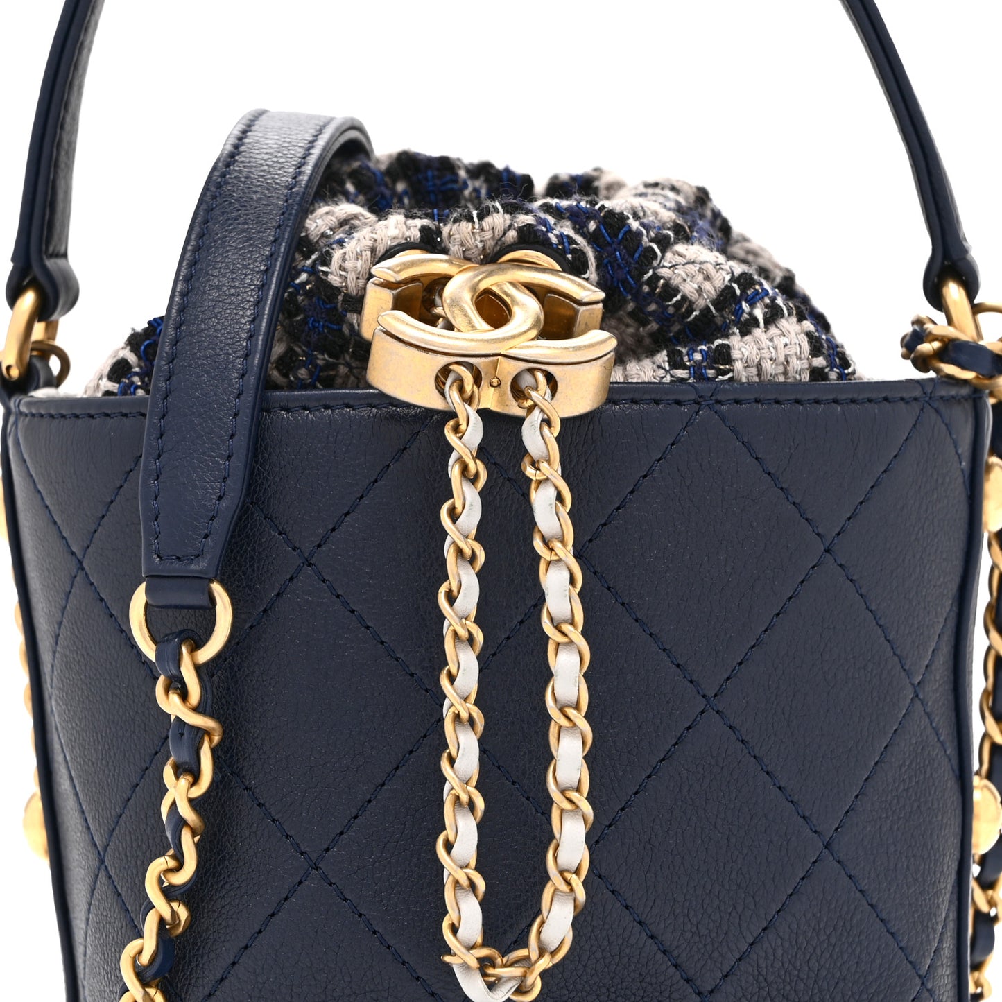 Calfskin Tweed Small CC Chain Bucket Drawstring Bag Navy Multicolor
