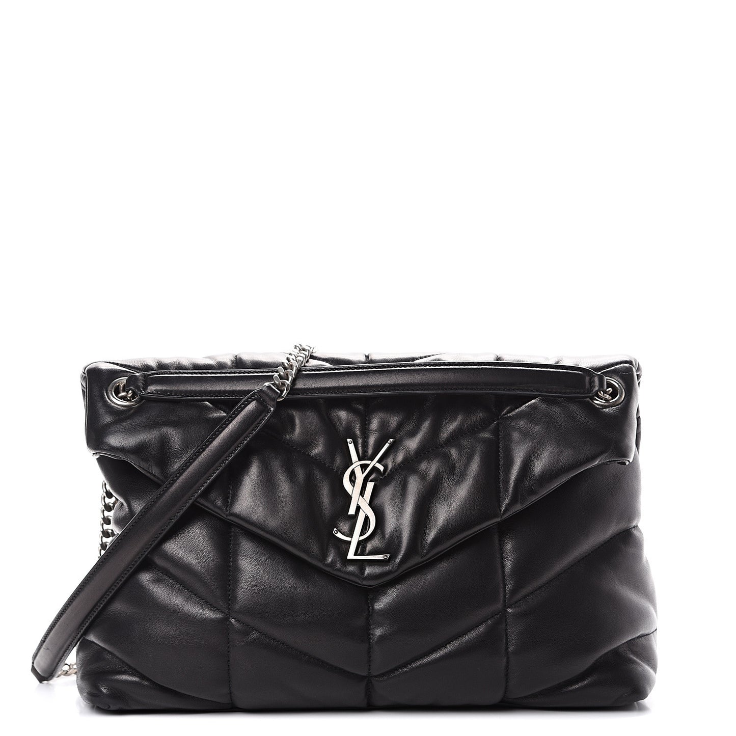 Lambskin Quilted Medium Loulou Puffer Monogram Chain Satchel Black