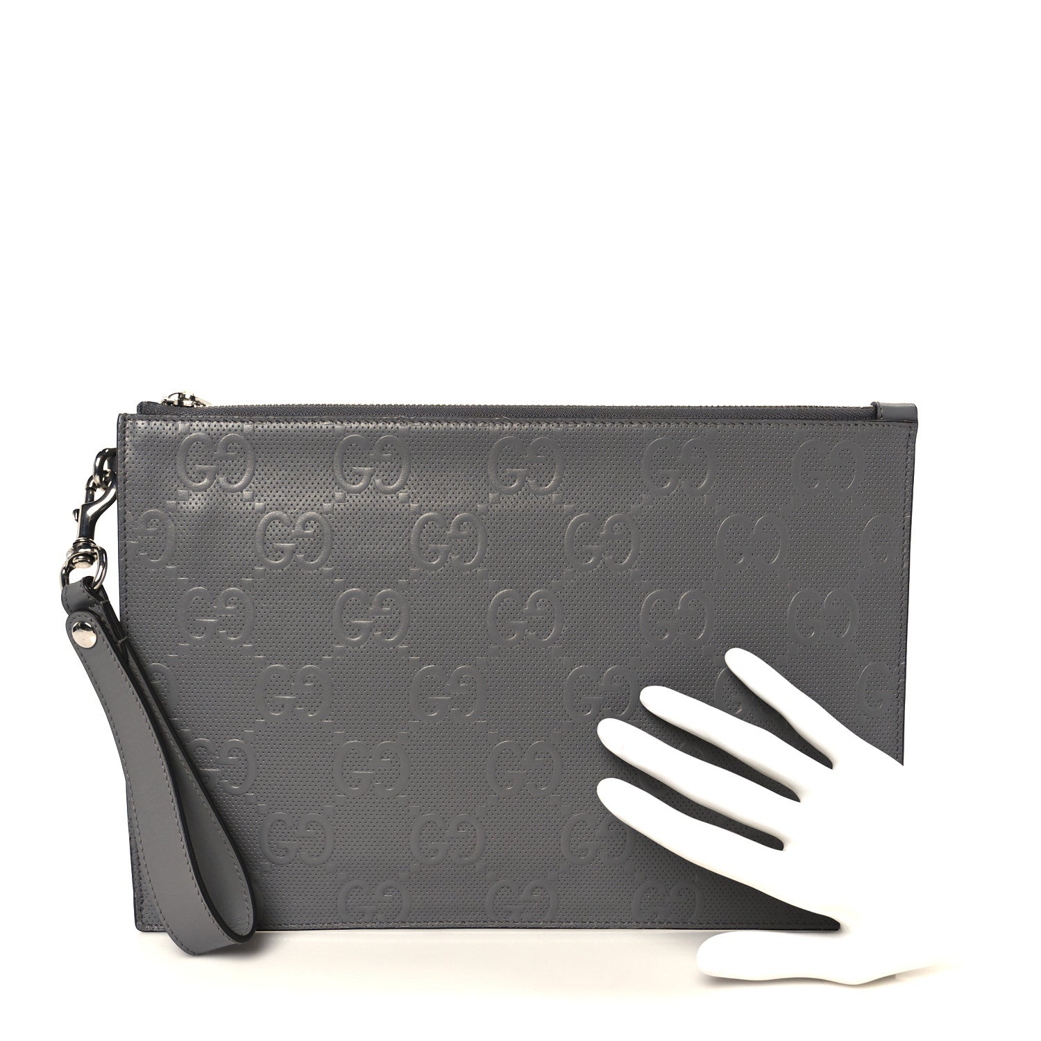 Gucci Calfskin GG Tennis Embossed Wristlet Pouch Grey 2 of 8