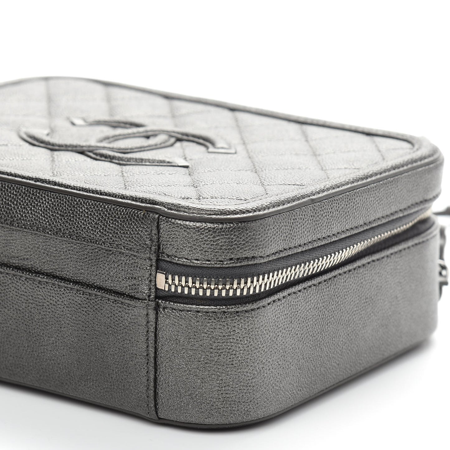Metallic Caviar Quilted Medium CC Filigree Vanity Case Dark Silver