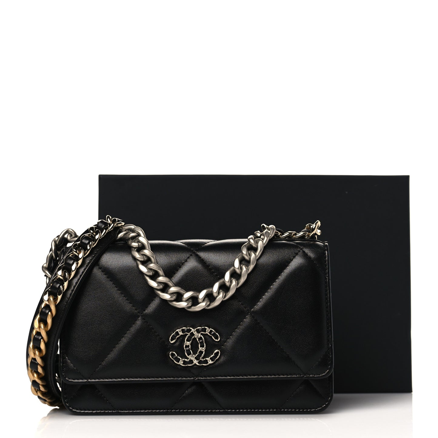 Lambskin Quilted Chanel 19 Wallet On Chain WOC Black