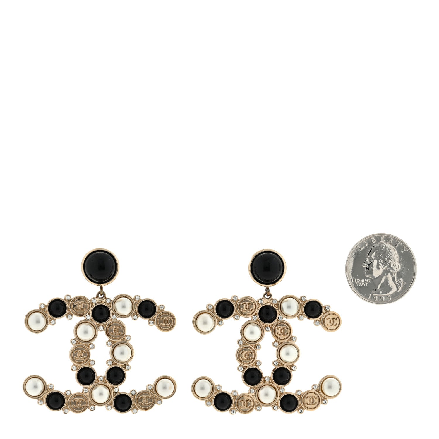 Chanel Crystal Pearl Metal Resin Polka Dot CC Drop Earrings Black Gold 2 of 4