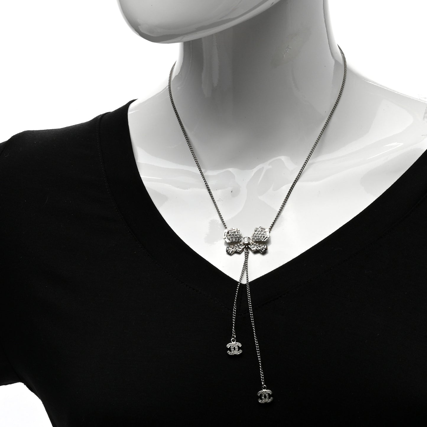 Crystal CC Bow Drop Necklace Silver