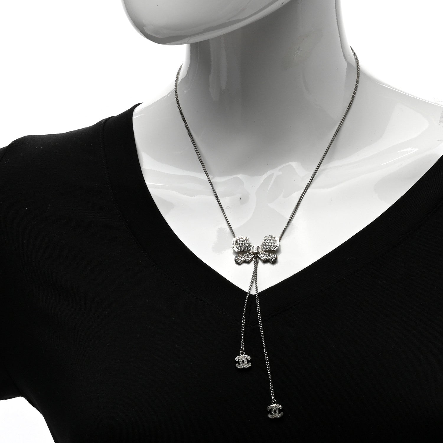 Chanel Crystal CC Bow Drop Necklace Silver 2 of 4