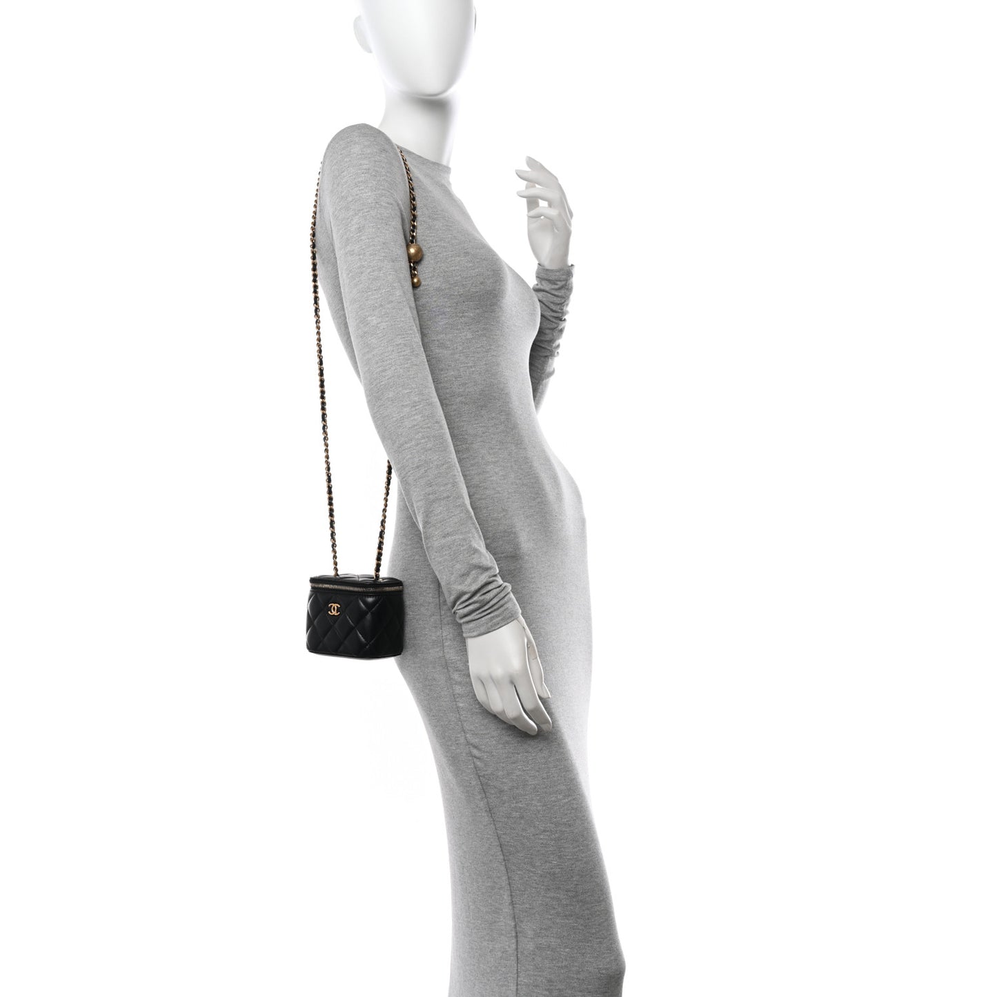 Lambskin Quilted Mini Pearl Crush Vanity Case With Chain Black