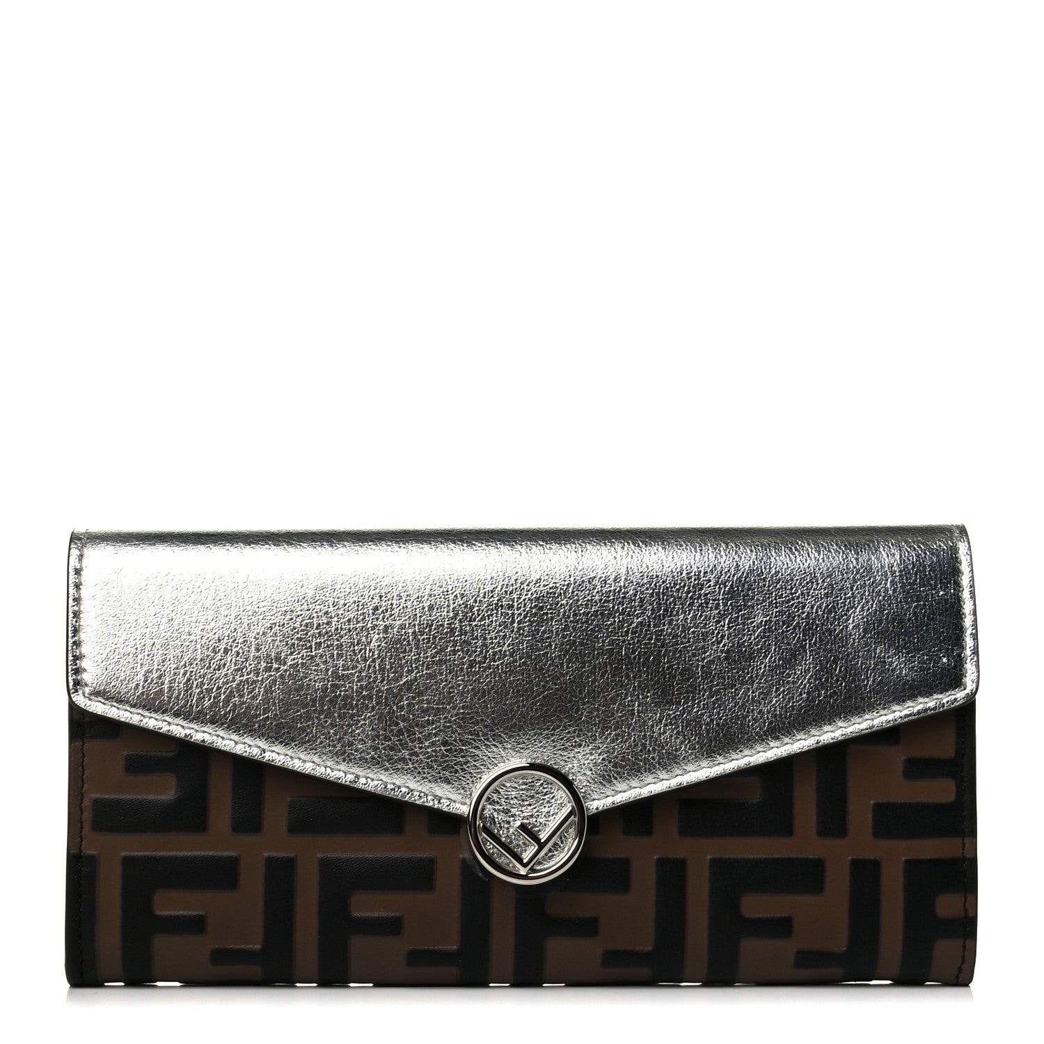 Fendi Vitello Soft Catalan Mirror F is Fendi Bi-Color FF 1974 Embossed Continental Envelope Wallet Maya Black Argento 1 of 5