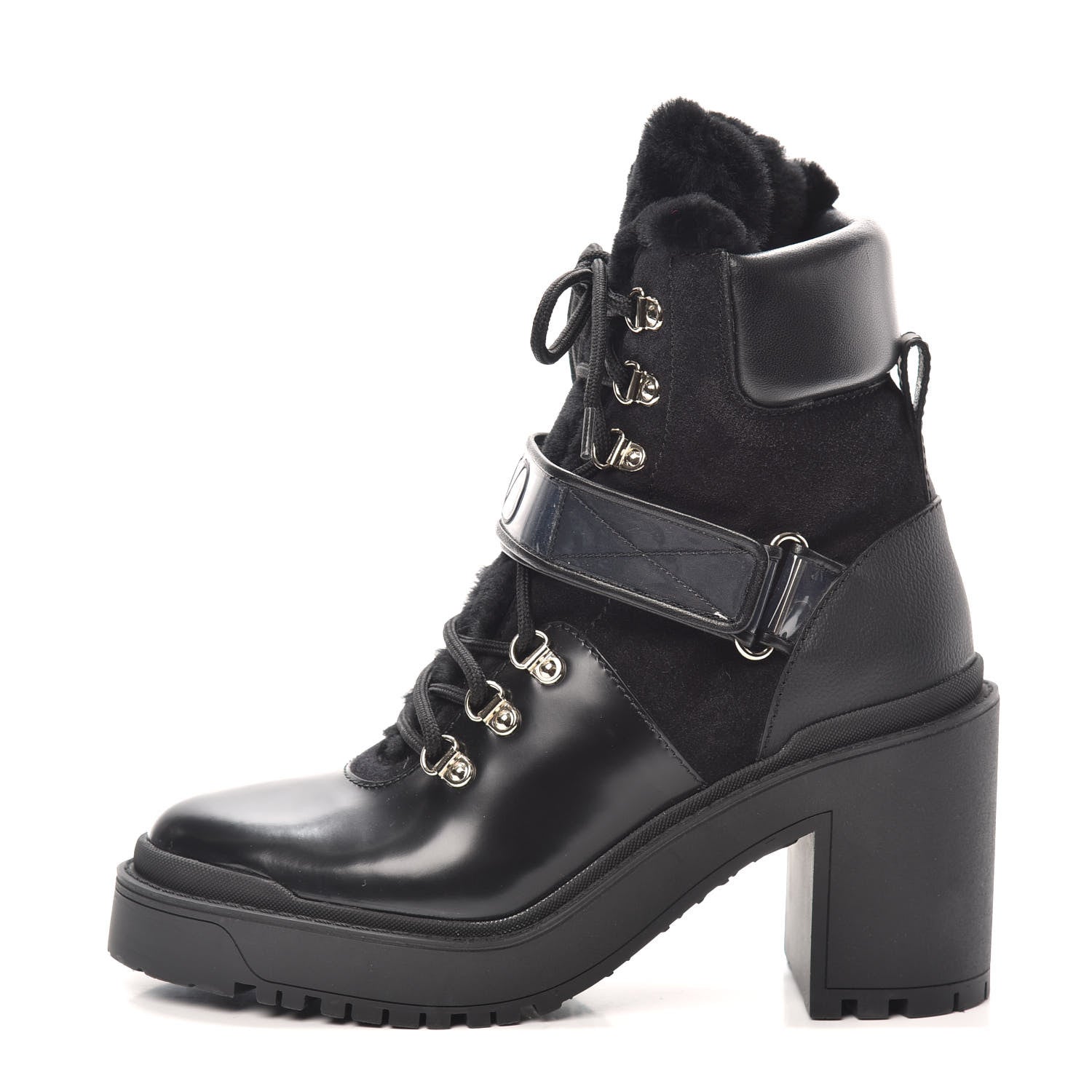 Valentino Garavani Calfskin Shearling VLOGO Combat Boots 38.5 Black 1 of 7