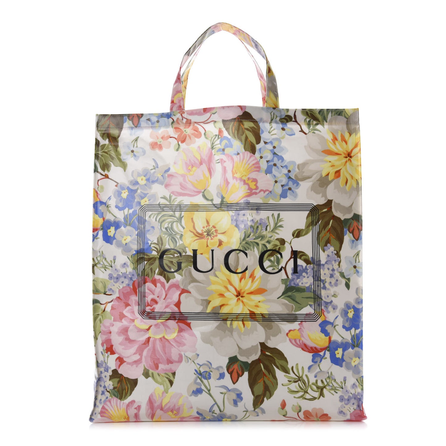 Patent Canvas Frame Logo Floral Print Vertical Tote Multicolor