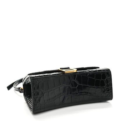 Balenciaga Shiny Calfskin Crocodile Embossed Hourglass Top Handle Bag XS Black 3 of 9