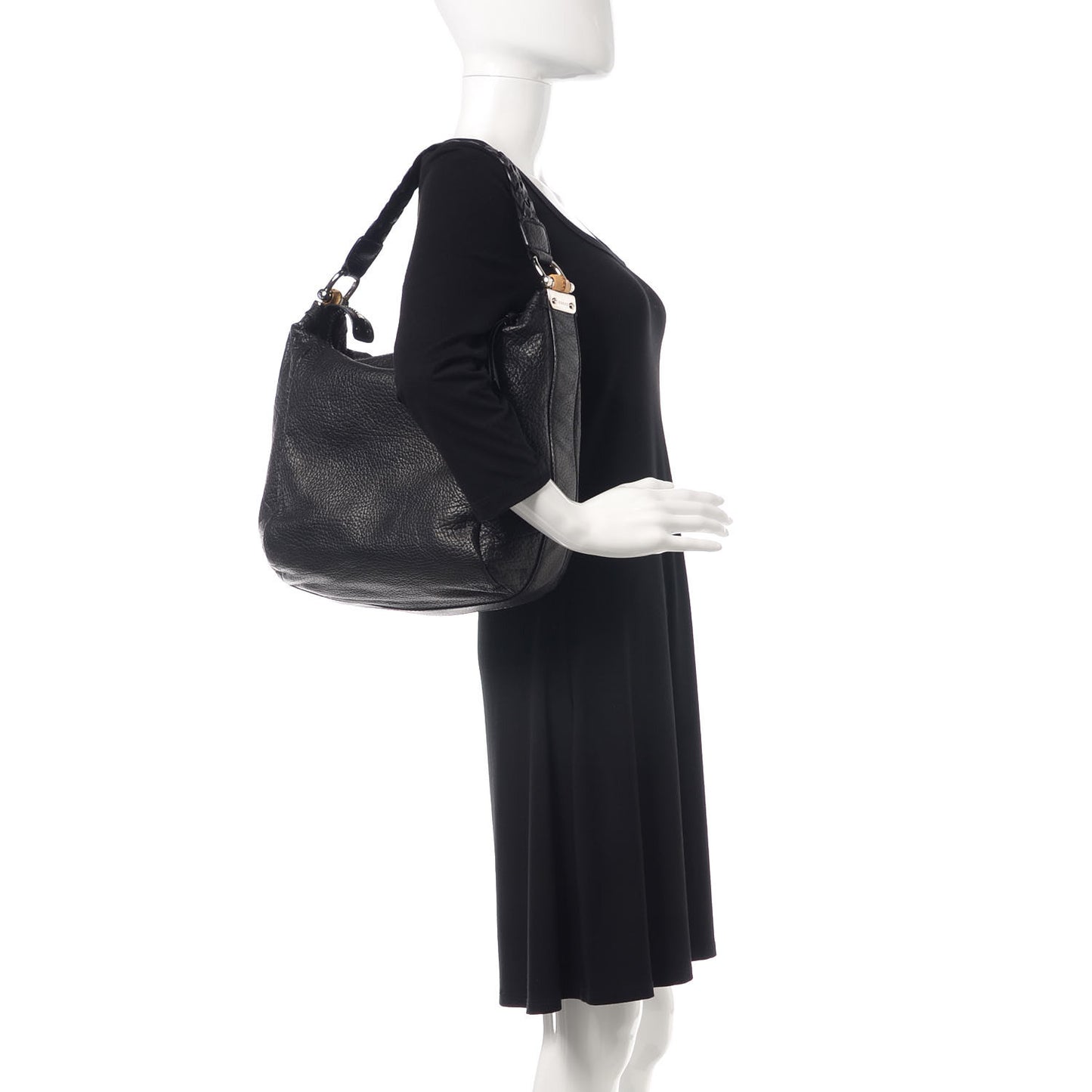 Grained Calfskin Medium Bamboo Bar Hobo Black