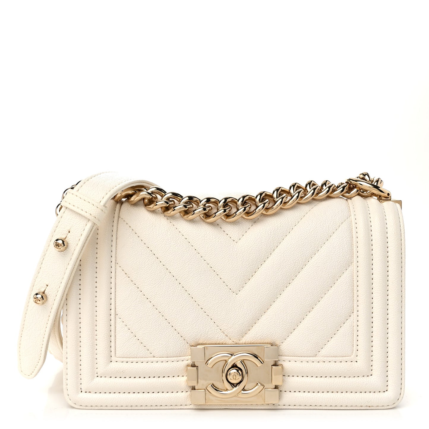 Caviar Chevron Quilted Small Boy Flap White