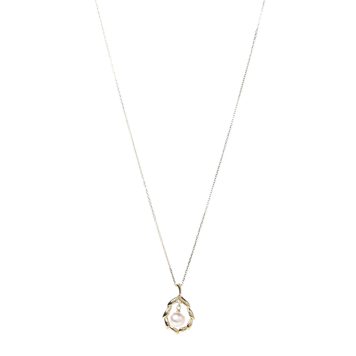 18K Yellow Gold Diamond Akoya Pearl 7mm Leaf Pendant Necklace