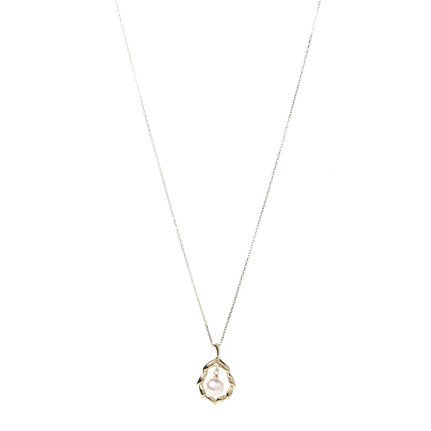 Mikimoto 18K Yellow Gold Diamond Akoya Pearl 7mm Leaf Pendant Necklace 1 of 6